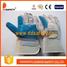 Doppelte Palme verstärkte blaue Leder Palme weiße Baumwolle zurück Gummierte Cuff Halbe Futter Ab Grade Working Safety Handschuh (DLC328)